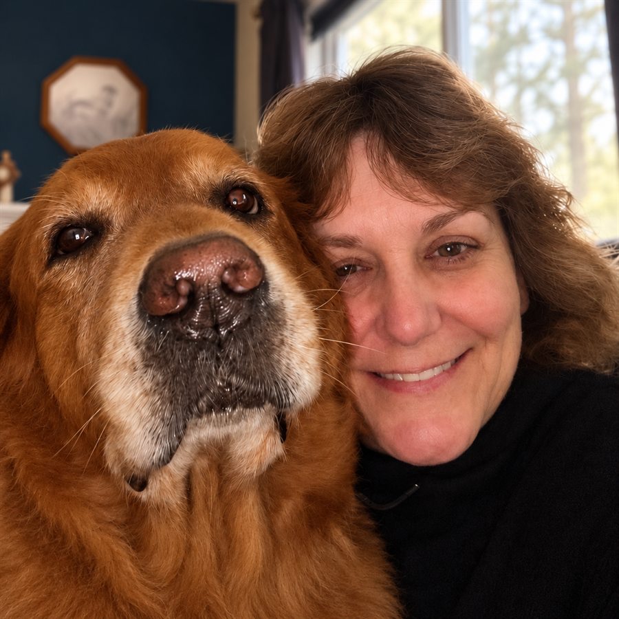 Ronda at home with her golden retriever