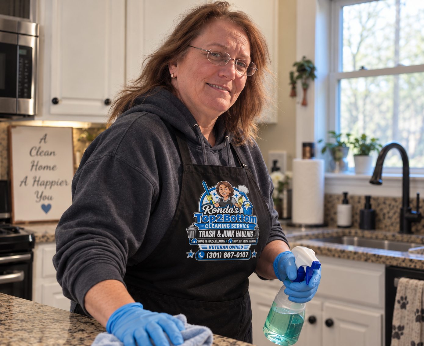 Ronda in her Ronda's Top2Bottom apron, wiping down a granite kitchen counter with a spray bottle and blue microfiber cloth