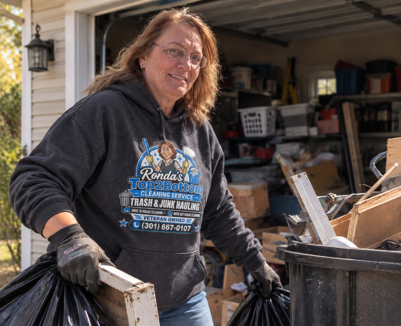 Ronda in her Ronda's Top2Bottom hoodie hauling trash bags and debris from a garage cleanout